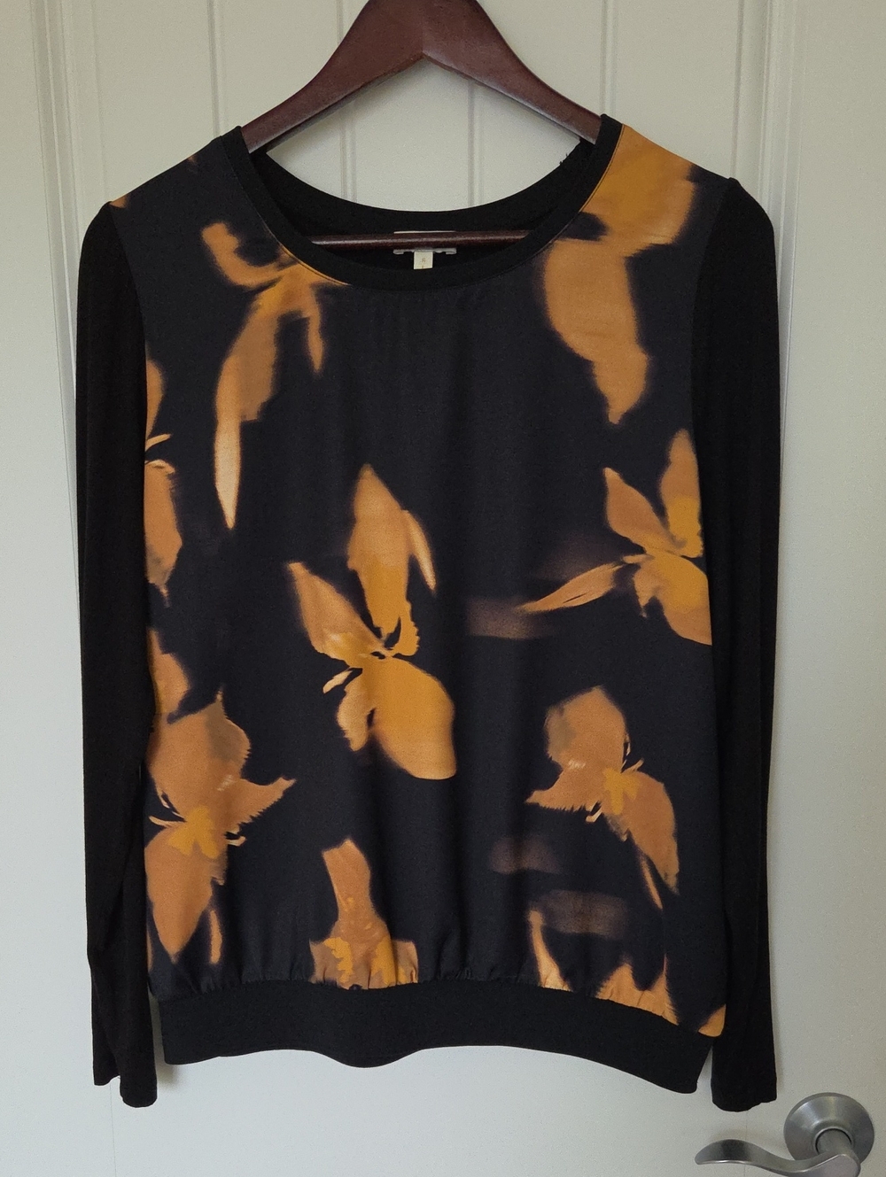 Laura Black and Mustard Floral Long-Sleeve Mixed-media Top (sz L)